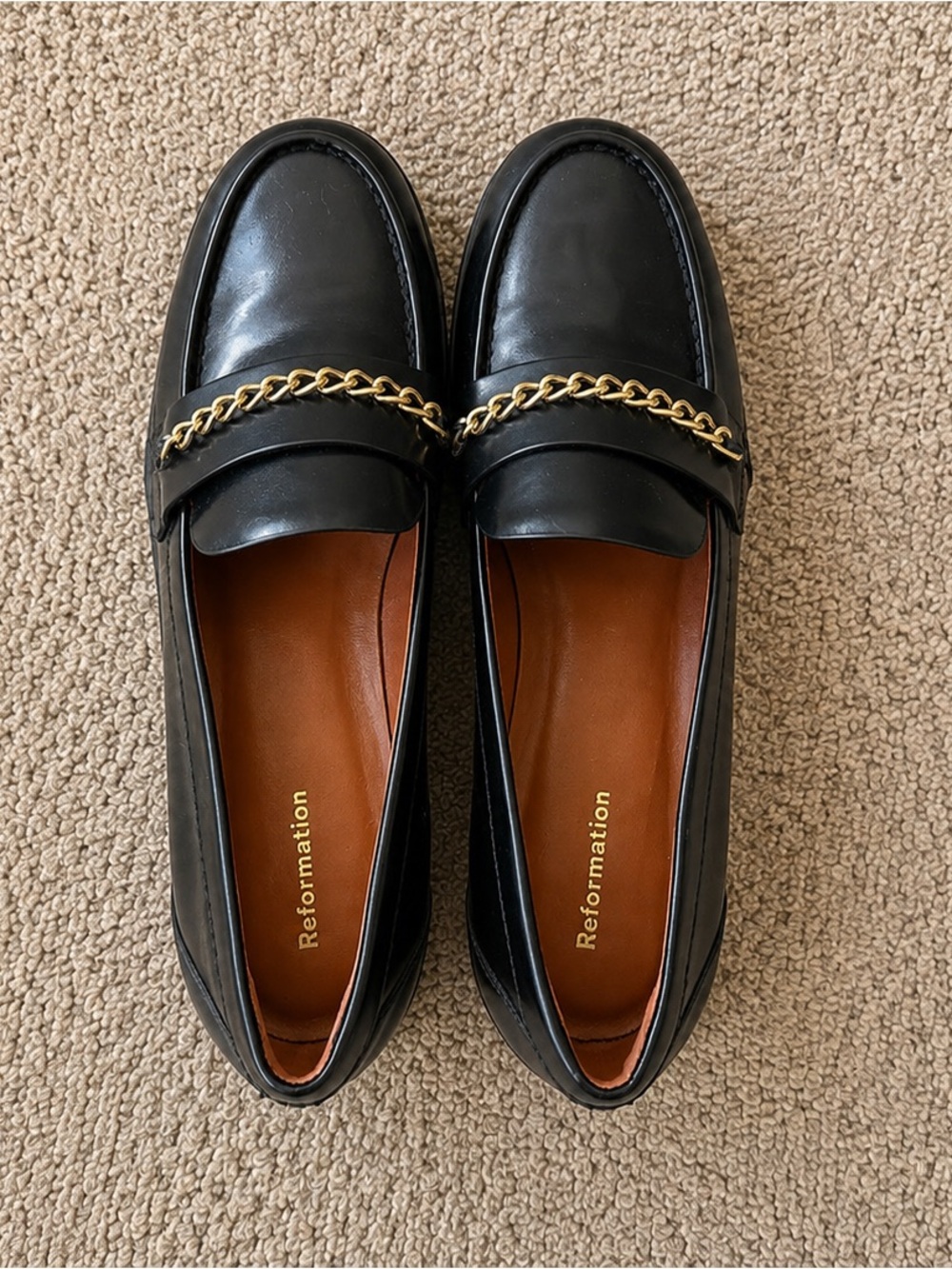 Reformation Adina Black Leather Loafers with Gold Chain Trim